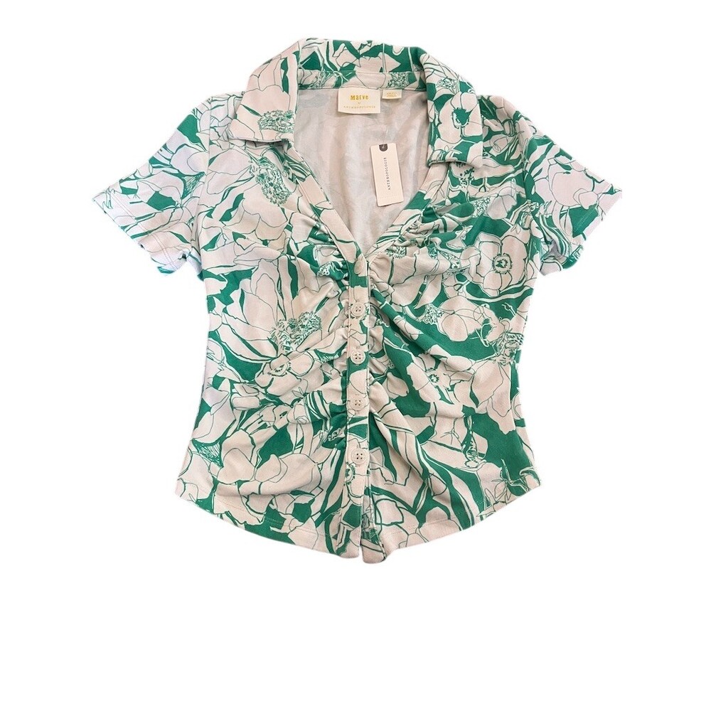 Maeve Anthropologie Blouse‎ Womens S Green & White Floral Ruched Button